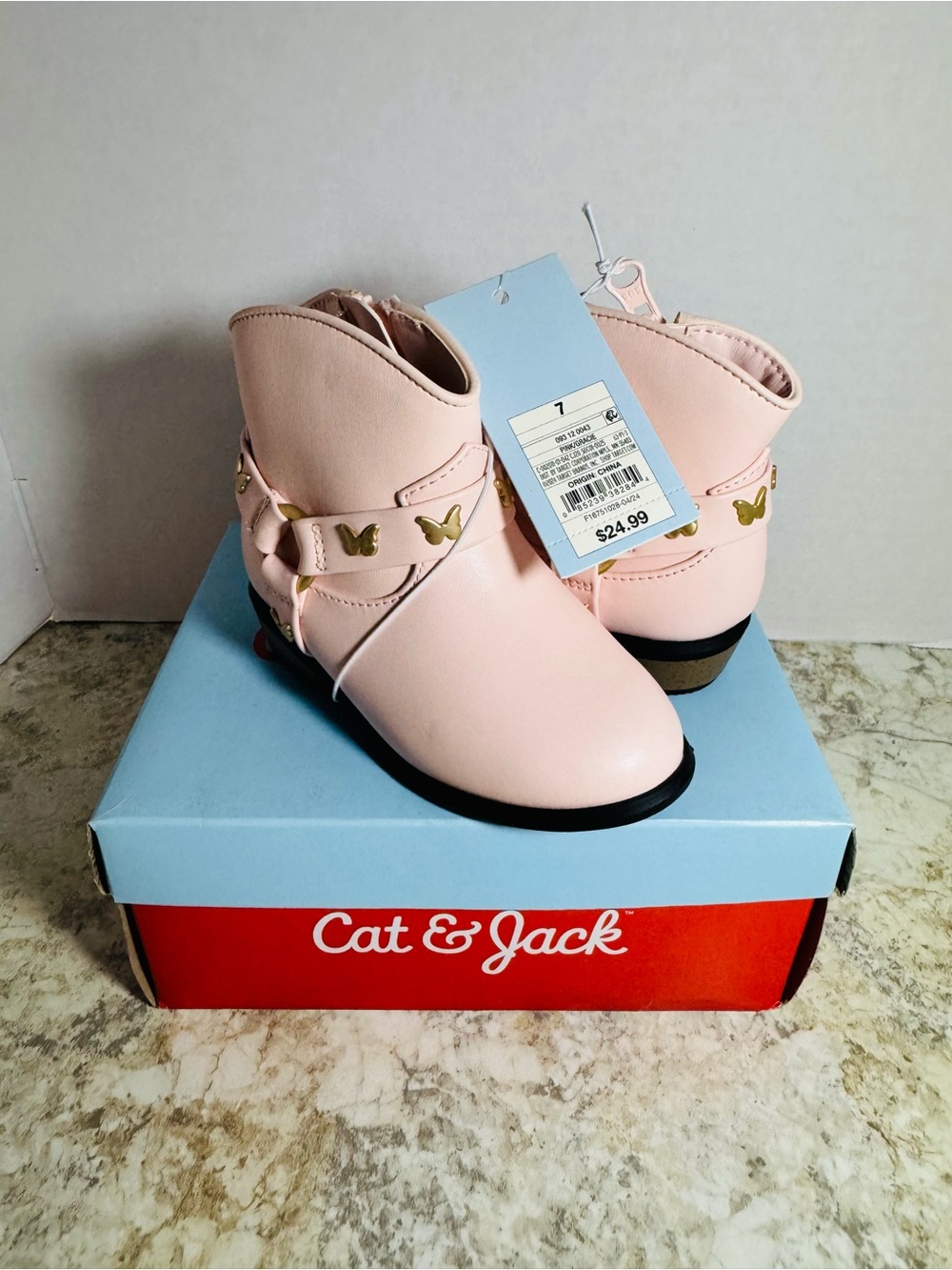 Cat & Jack Pink Girls' Butterfly Strap Ankle Boots Sz 7